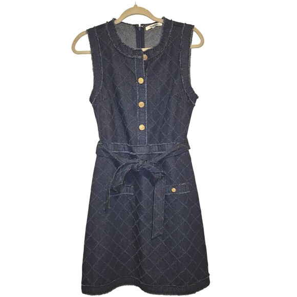 ZOE AND CLAIRE Sleeveless Denim Mini Dress MEDIUM Blue Metallic Gold Buttons - Picture 2 of 6